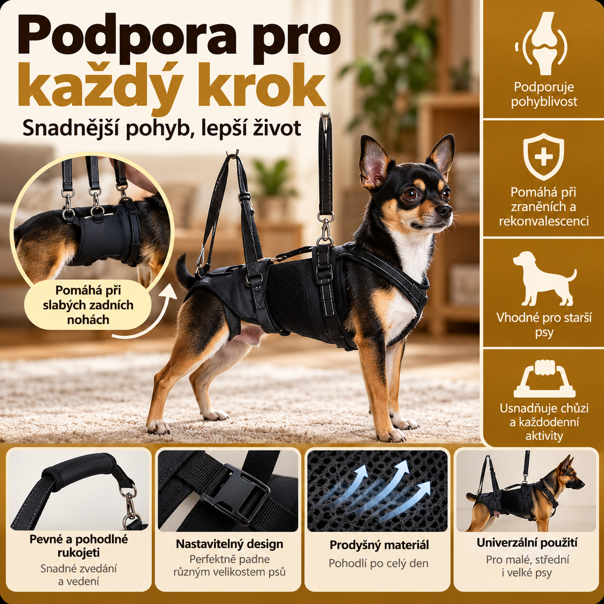Nastavitelný podpůrný postroj pro starší psy