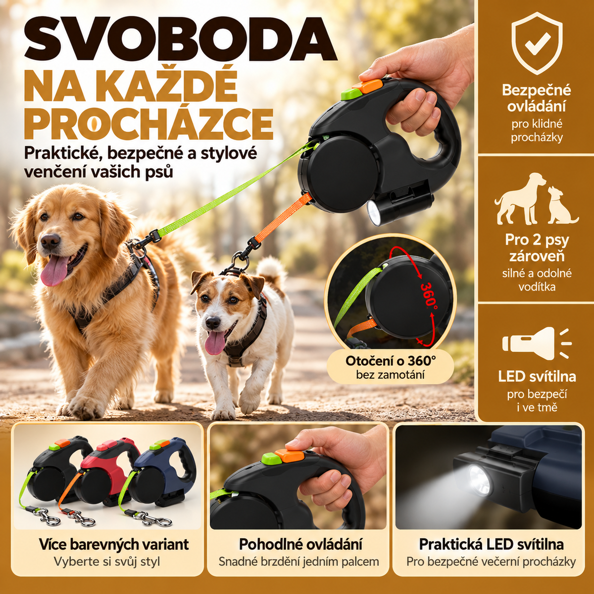 Retractable Dog Leash For Small Dogs Reflective Dual Pet Leash Lead 360 Swivel No Double Dog Walking Leash With Lights Pet Products